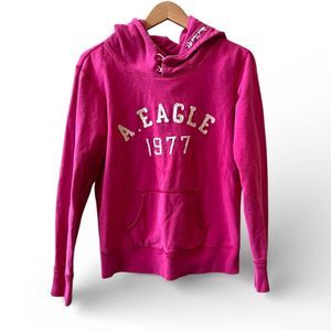 American Eagle Hot Pink Hooded Sweatshirt Sz Medium High Neck 2 Button Chest 39”